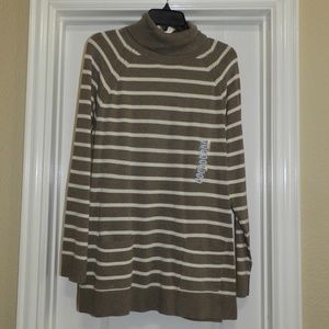 Cowl Neck Tunic Sweater Taupe Striped Pockets
